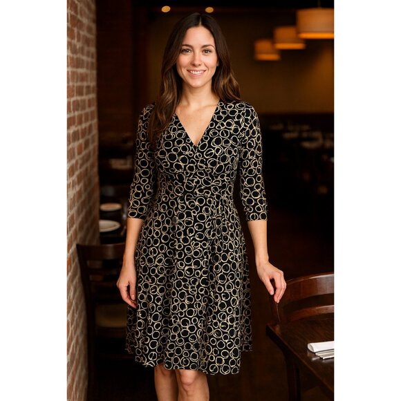 Vintage Liz Claiborne Fit & Flare Empire Midi Dress Size 14 V Collar 3/4 Sleeves - Picture 1 of 16